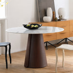 Load image into Gallery viewer, Modern Round Dining Table with Walnut Veneer Top & Travertine-Inspired Pedestal Base