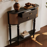 Load image into Gallery viewer, 35.4'' Modern Entryway Console Table with Rattan Panels Black Wood Hallway Table with 2 Drawers & Lower Shelf Decorative Accent Table