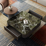 Load image into Gallery viewer, Modern Square Marble Top Coffee Table Green Stone Surface Wood Base Design