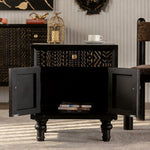 Load image into Gallery viewer, Modern Black Nightstand Wood Bedside Table Carved Door Storage Cabinet with Gold Handles