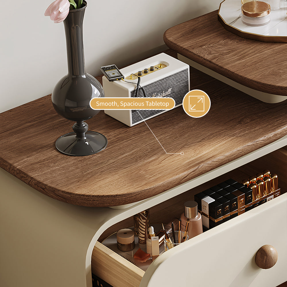 Modern Makeup Vanity LED Mirror and Stool Spacious Storage Rotatable Design