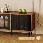 Load image into Gallery viewer, 78.7'' Retro Metal TV Cabinet Arched Grille Doors Walnut Finish Elevated Base