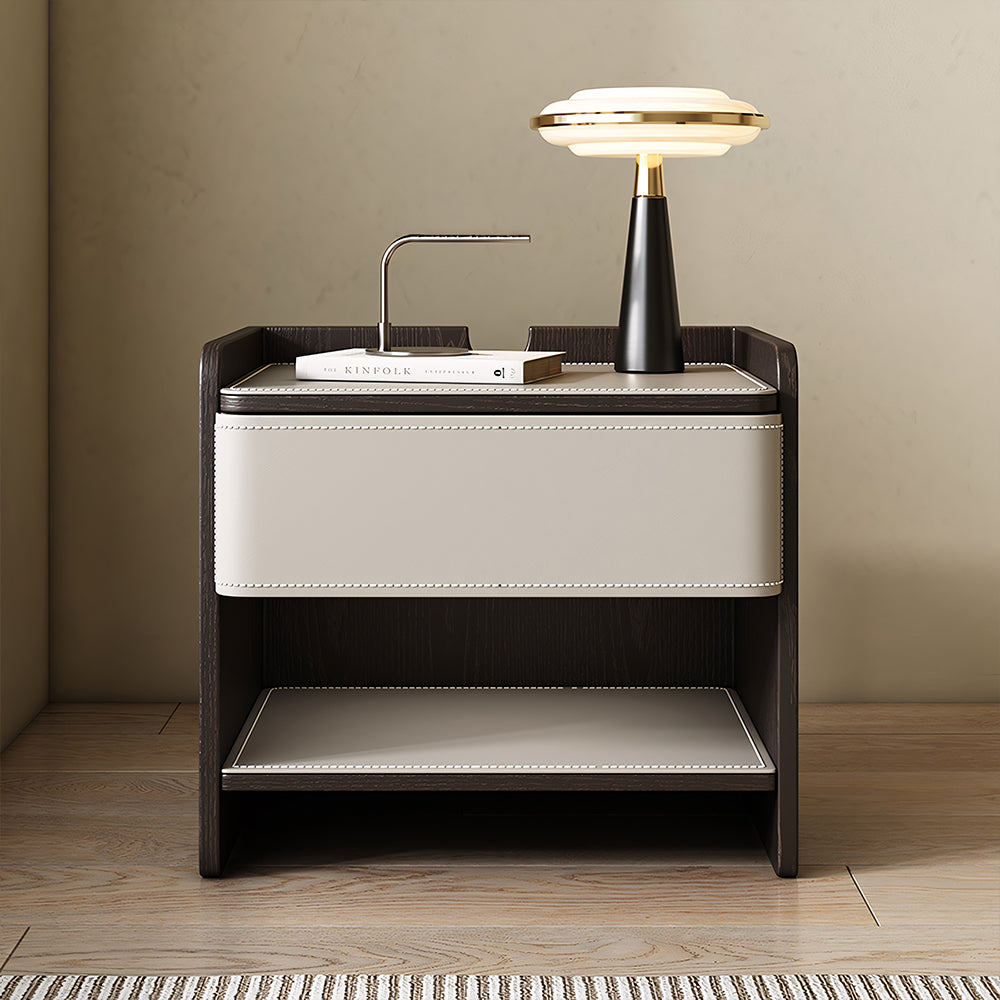 Modern Nightstand with Saddle Leather Finish Silent Drawer Rails