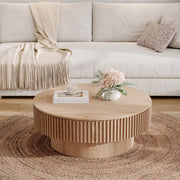 31.4'' Modern Japandi Round Wooden Coffee Table with Sculptural Fluted Base