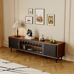 Load image into Gallery viewer, 78.7'' Retro Metal TV Cabinet Arched Grille Doors Walnut Finish Elevated Base