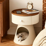 Load image into Gallery viewer, Modern Round Nightstand with Hidden Storage Drawer and Cat House Base Wooden Top Fluted Design Bedside Table