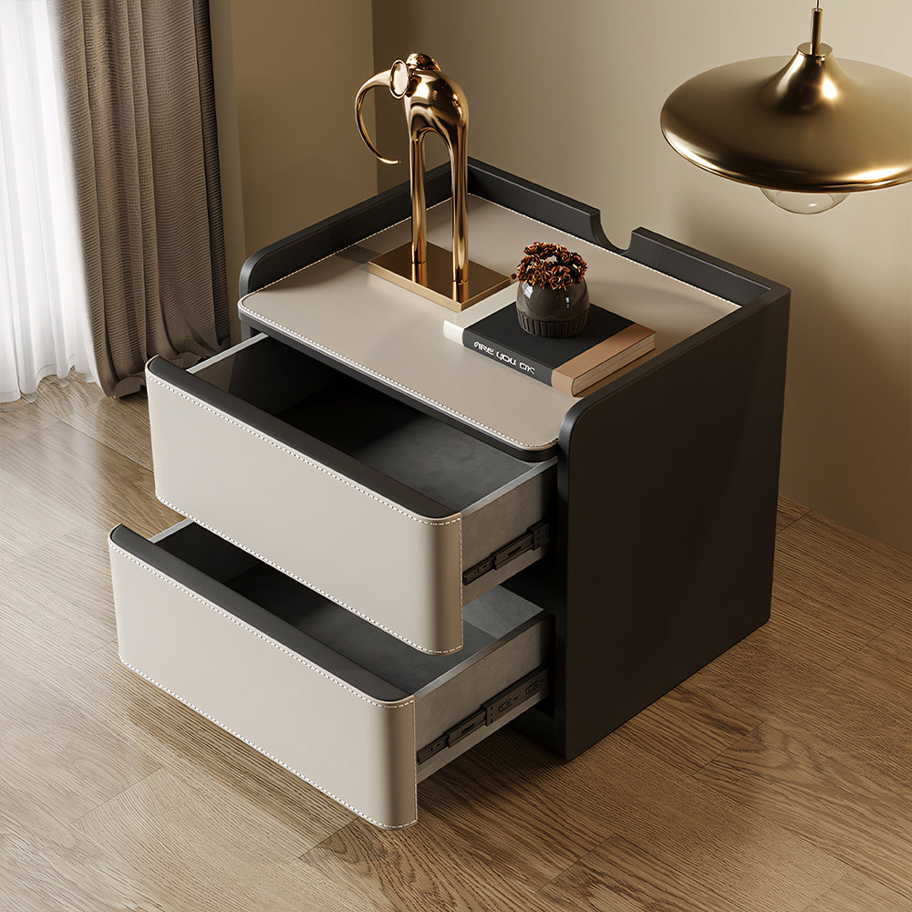 Modern Nightstand with Saddle Leather Finish Silent Drawer Rails 2 Drawers