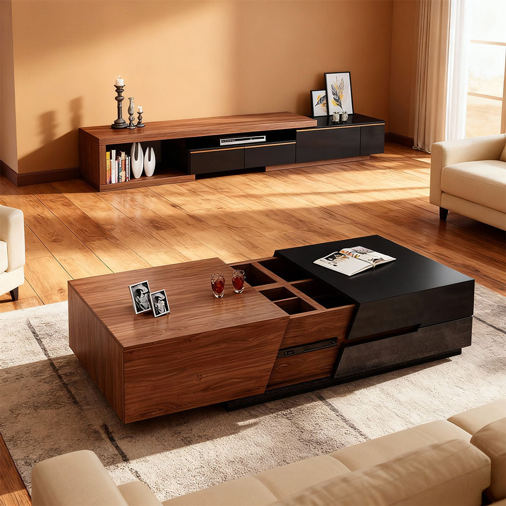 Modern Walnut & Black Extendable Coffee Table Expandable Design
