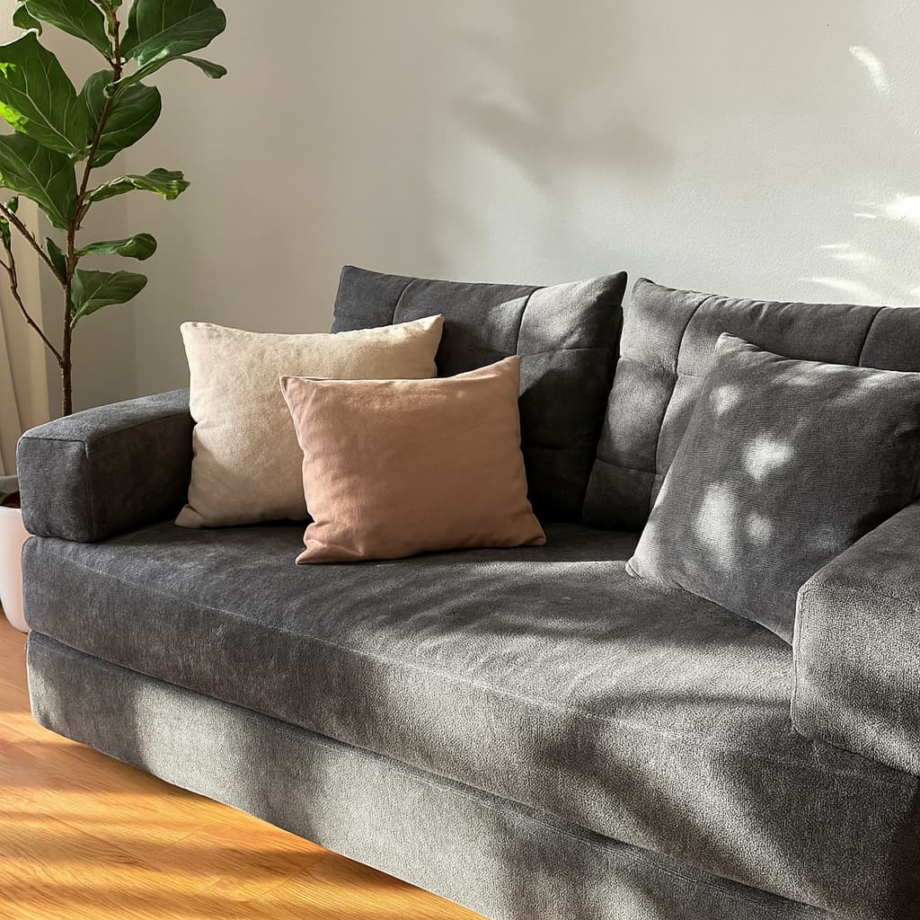 Arrtle comfortable sofa bed in a modern, plant-filled living room.