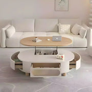 Lift-top multifunctional coffee table with a raised wood tabletop, hidden storage compartment, and adjustable inner platform, shown in a bright living room as a dining, work, and coffee table solution.