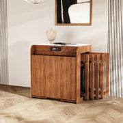 Freestanding cabinet Murphy dining table in closed position, compact wooden cabinet design with integrated folding table panels, ideal for space-saving dining without wall mounting.