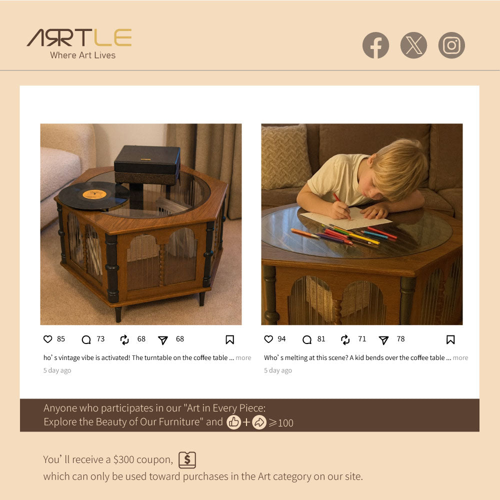 33.15''Vintage Hexagonal Coffee Table with Glass Top | Enclosed Storage + Carved Columns + Display Surface