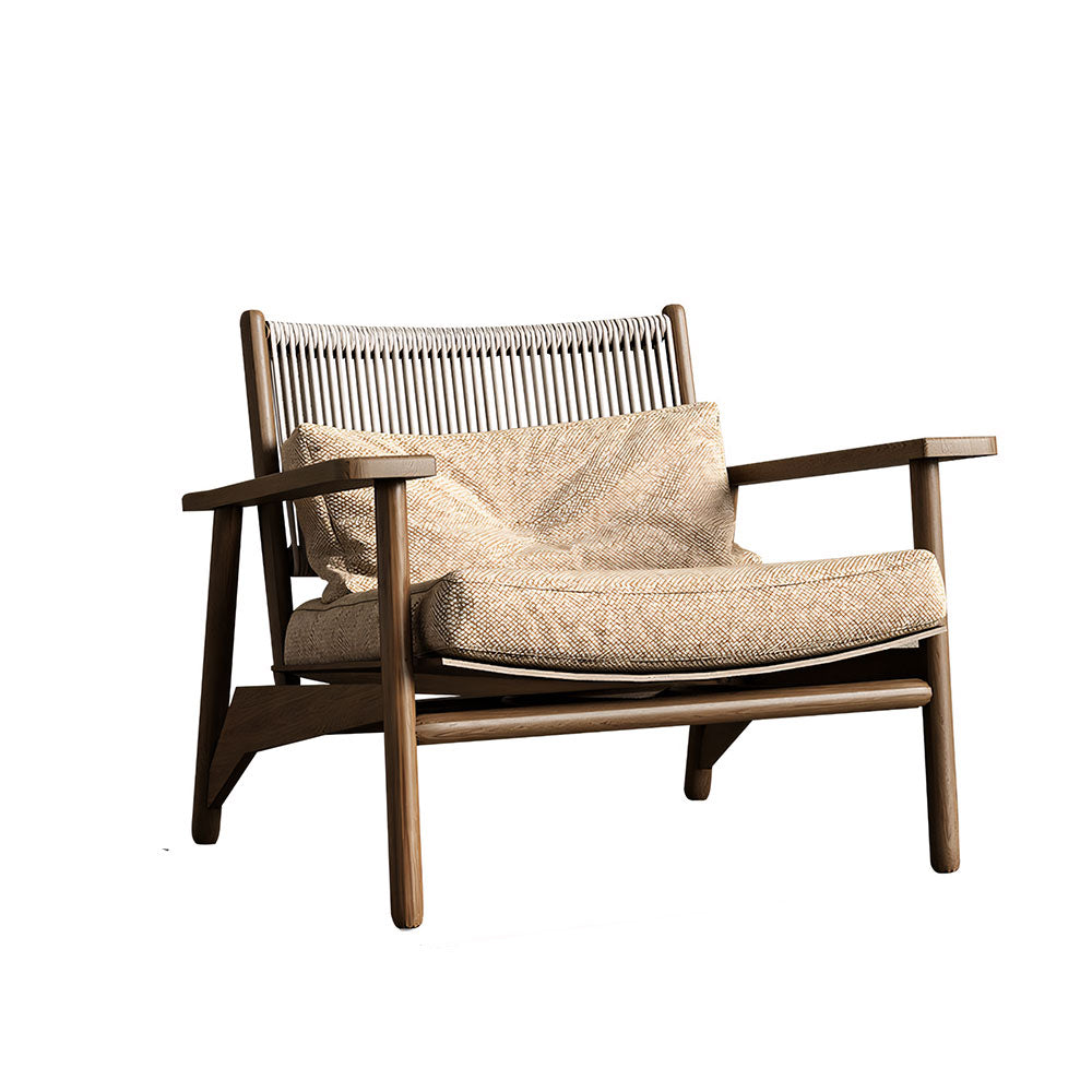 Indoor & Outdoor Solid Wood Lounge Chair with Handwoven Rope Backrest and Plush Cushions 1 Piece
