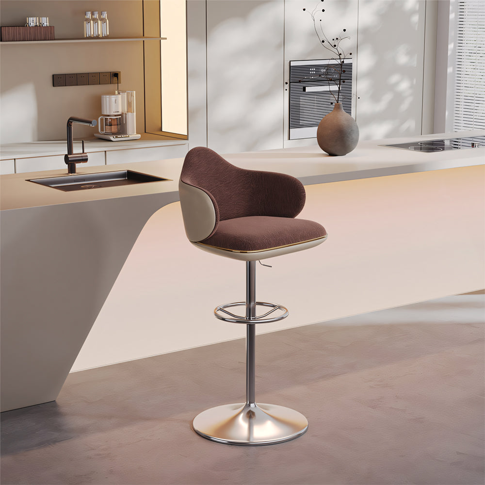 Modern Adjustable Swivel Bar Stool Burgundy Chenille Upholstered Seat Beige Accent Chrome Base Counter Height Bar Chair 1 Piece