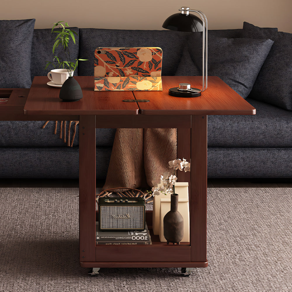 Modern Extendable Coffee Table with Storage Rolling Wooden Coffee Table with Swivel Casters and Shelves Multi-Functional Living Room Table