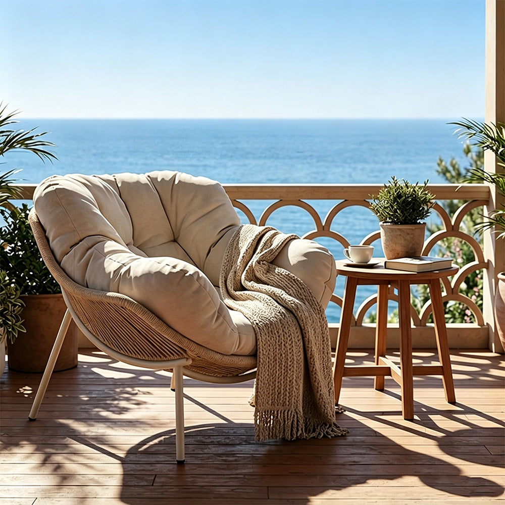 Outdoor Papasan Lounge Chair with Plush Cushion and Rope Weave Frame