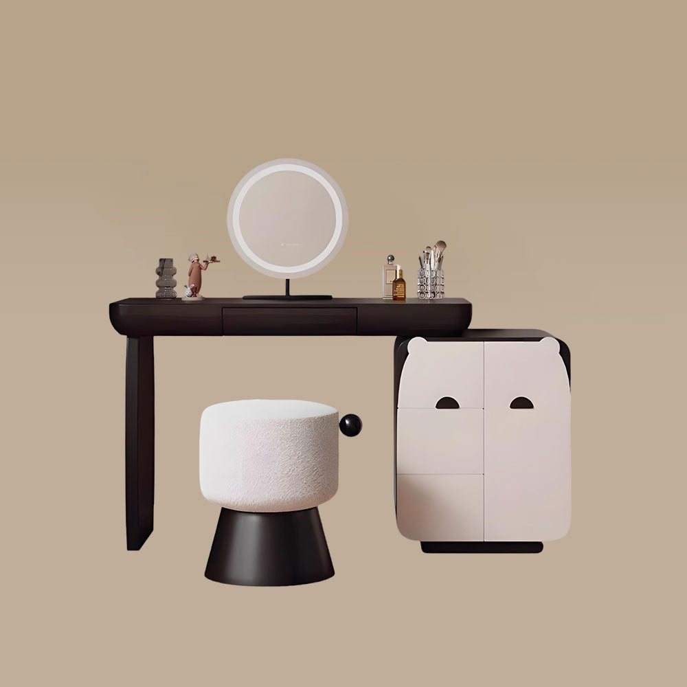 Modern Makeup Vanity Table with LED Round Mirror Storage Cabinet