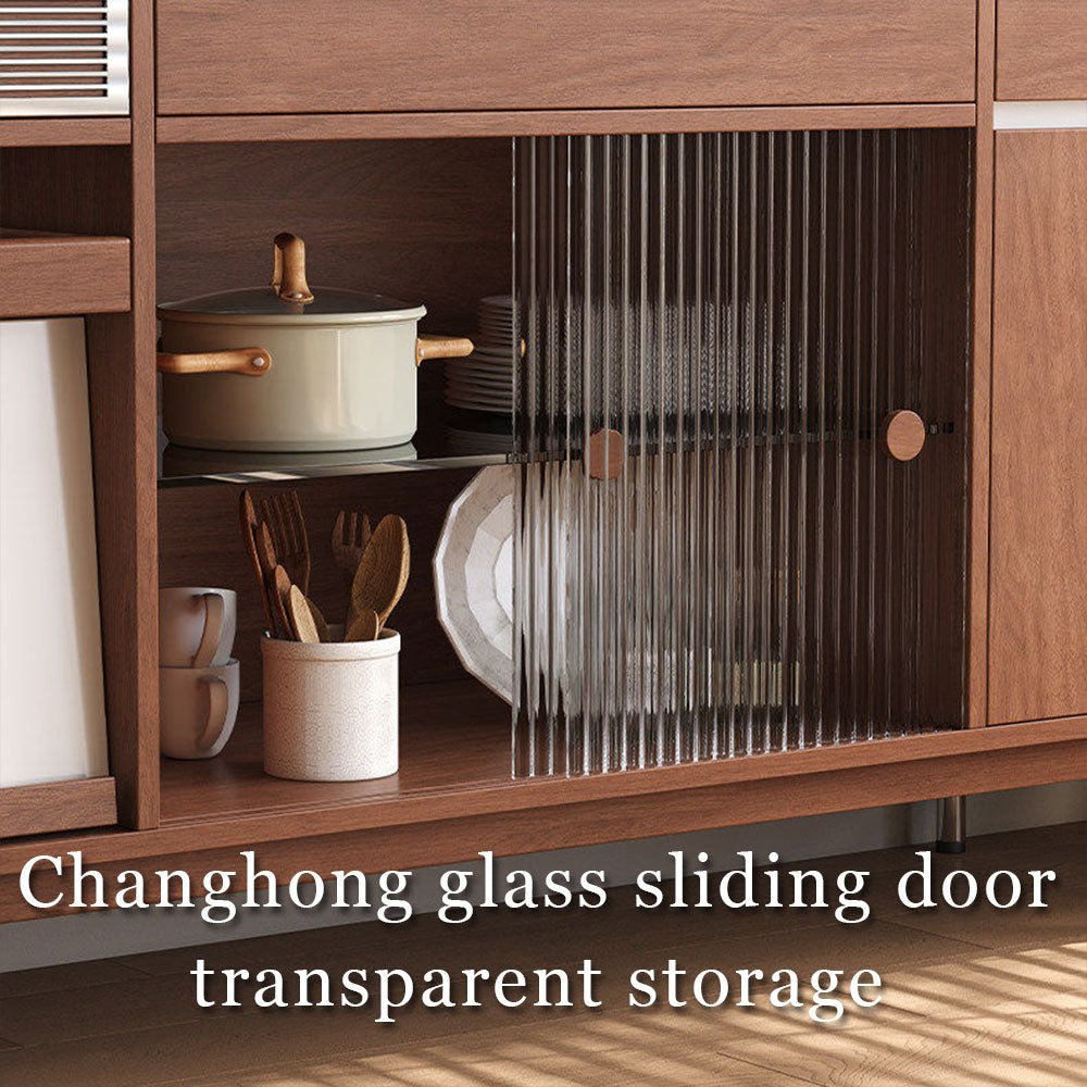 59.1"/70.9" Modern Walnut Sideboard Cabinet with Fluted Glass Sliding Doors & Open Storage