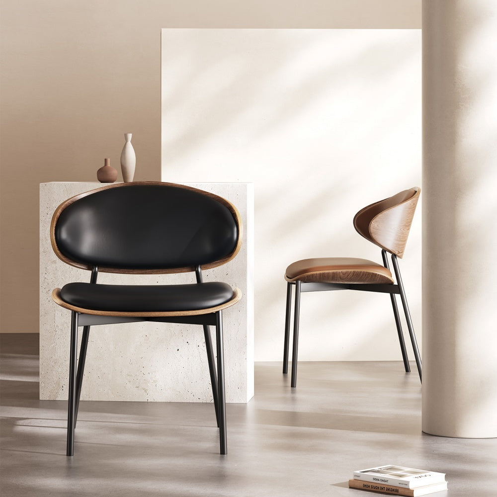 2PCS Mid Century Dining Chair Curved Back Leather Seat Wood Edge Metal Legs