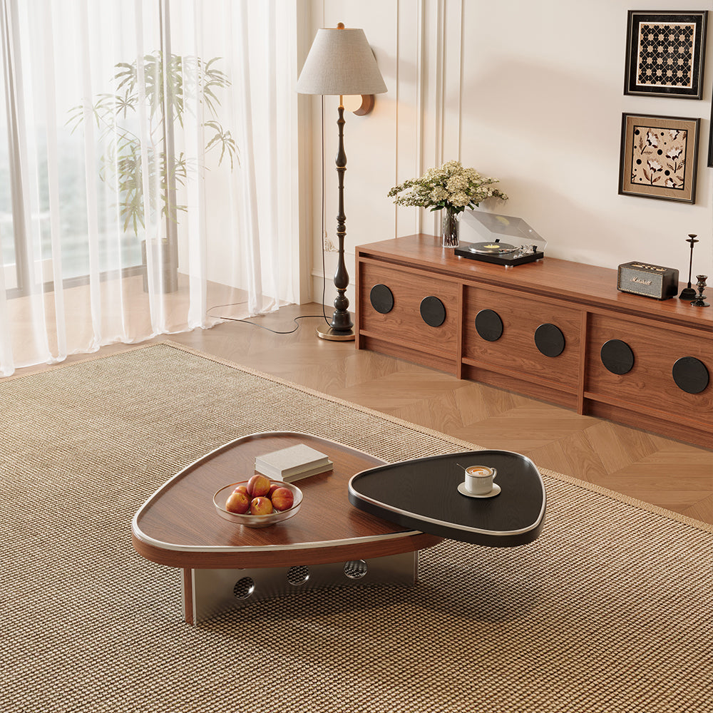 33″ Modern Coffee Table Walnut Wood with Brushed Steel Base Sculptural Design Dual-Tier Functionality