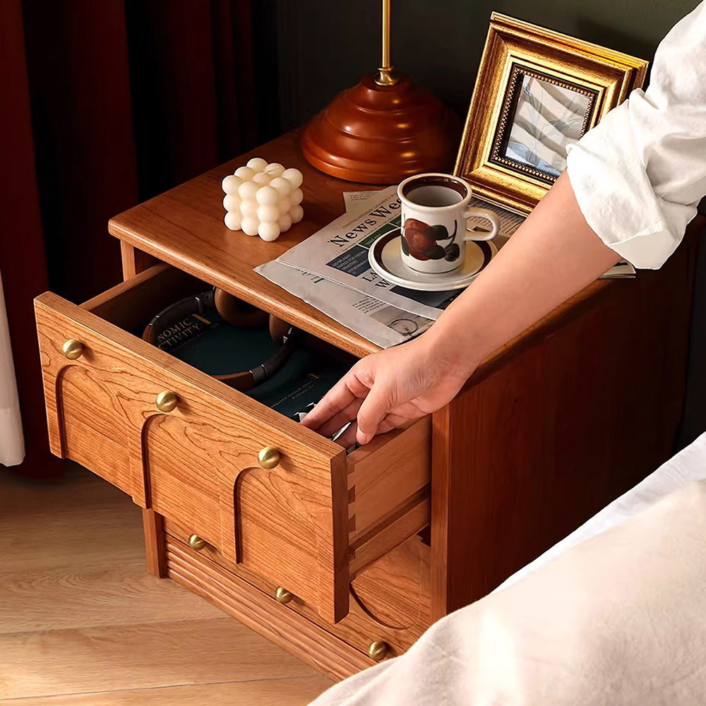 Vintage Solid Wood Bedroom Nightstand With Brass Knobs