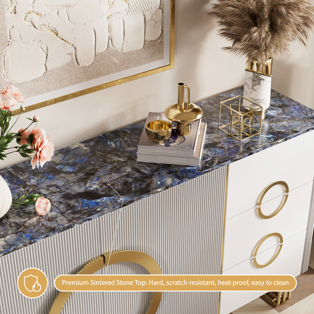 62.4" Sleek Modern White and Gold Buffet Cabinet with Circular Accents