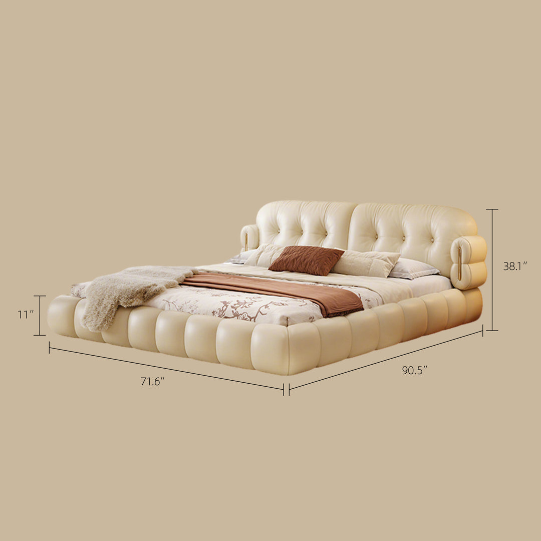 Modern Cream Upholstered Platform Bed Button Tufted Headboard Low Profile Soft Frame Bed with Solid Slat Support