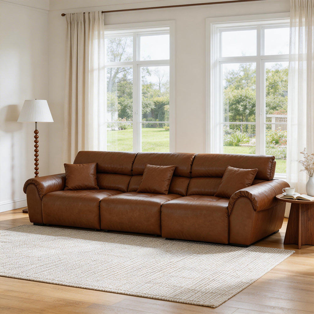 119.2'' Modern Genuine Leather Power Reclining Sofa Remote Control Adjustable Seats Brown Leather Couch