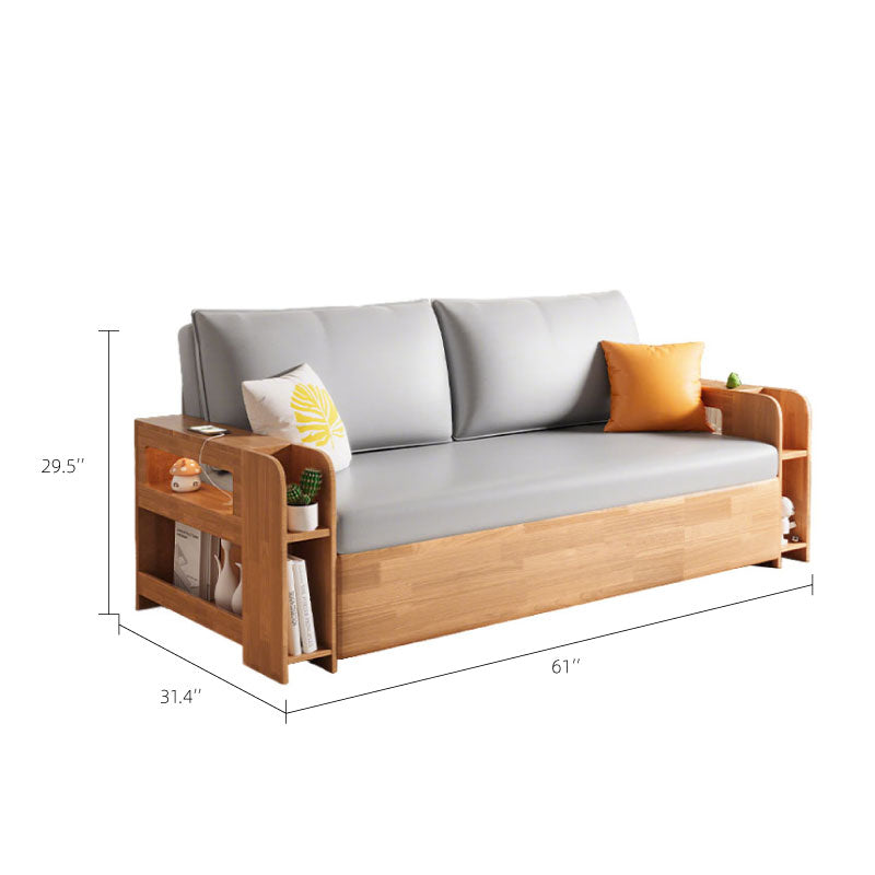 Solid Wood Sofa Bed Charging Function Storage Drawer Modern Minimalist