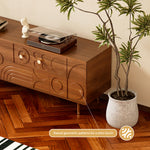 Load image into Gallery viewer, 78&quot; Retro TV Stand Carved Geometric Pattern Solid Wood Cabinet Brass-Tipped Legs Storage Sideboard
