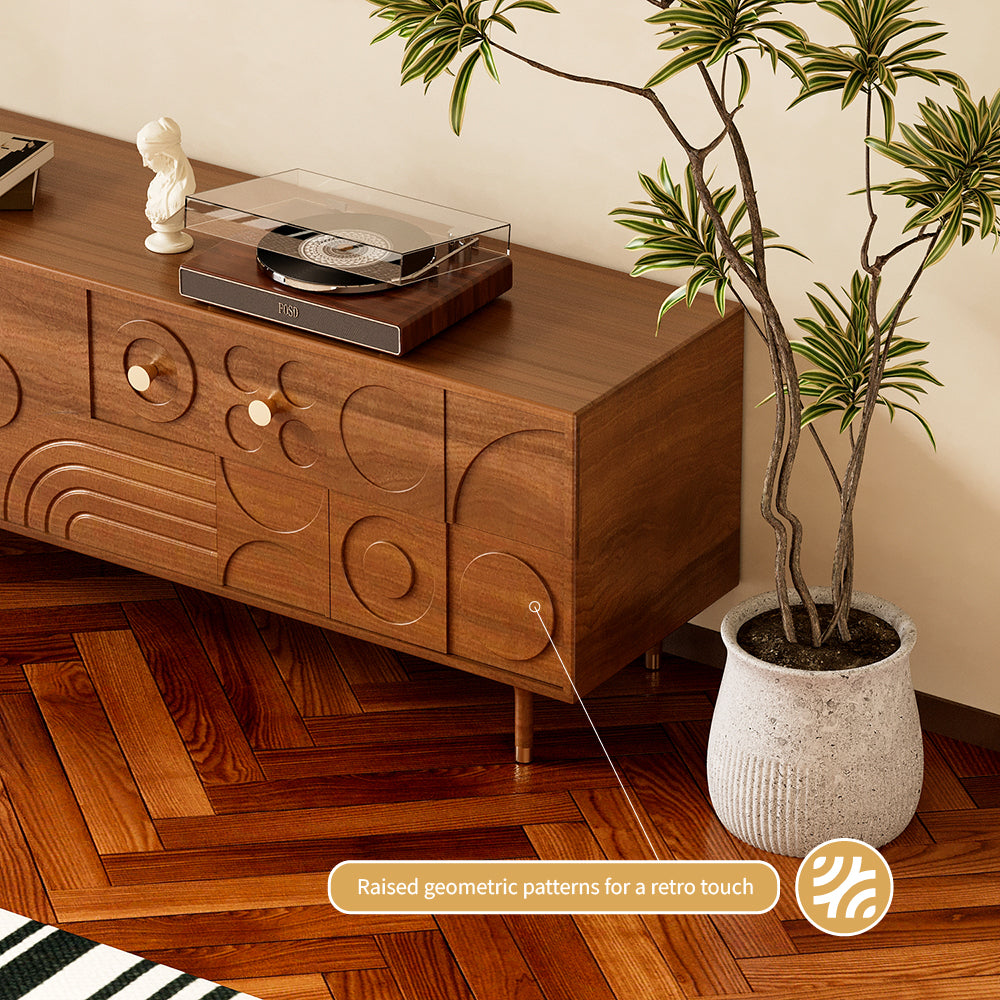 78" Retro TV Stand Carved Geometric Pattern Solid Wood Cabinet Brass-Tipped Legs Storage Sideboard