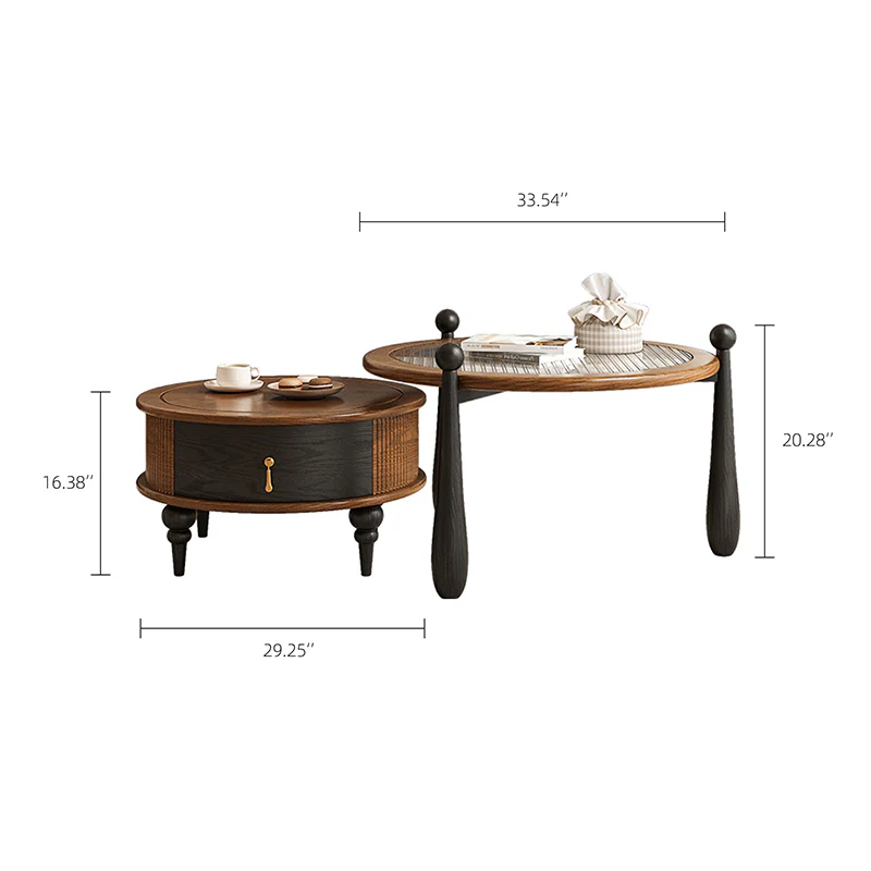 33.54" Round Nesting Coffee Table Set Water Ripple Glass Walnut Vintage Style Artistic Legs