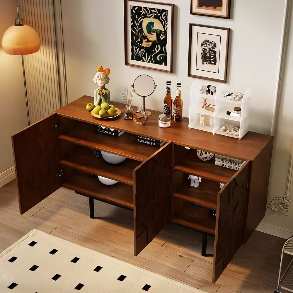 55.1"/70.8"Modern Walnut Sideboard Geometric Storage Cabinet with Metal Legs