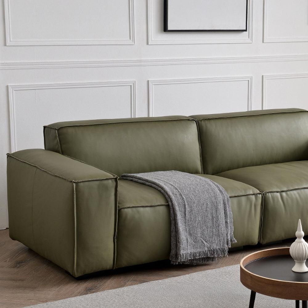 Modern Leather Sofa Boxy Low-Profile Design with Wide Arms
