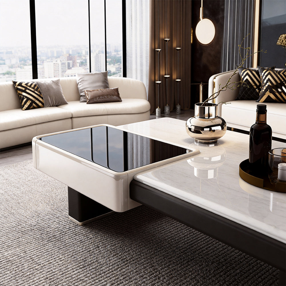 Modern Luxury Coffee Table with Marble Pattern Top and Black Accent Surface