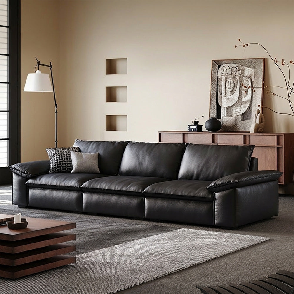 Modern Low Profile Black Leather Straight Sofa Minimalist Wide Arm 4 Seater Couch
