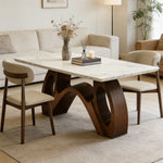 Load image into Gallery viewer, Modern Sintered Stone Dining Table Luxury Kitchen Table with Sculptural Walnut Wood Base for 4-6
