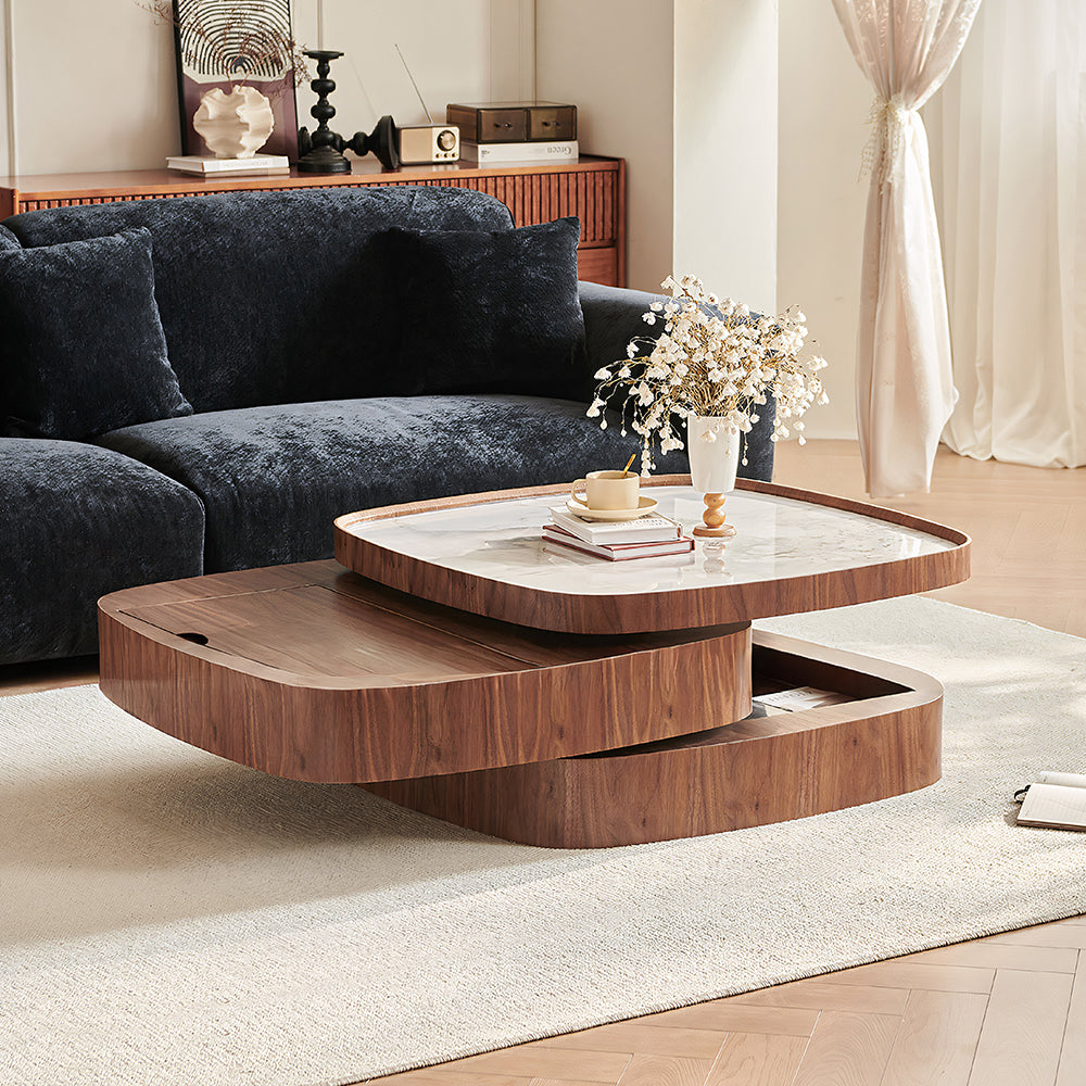 34.7'' Modern Solid Wood Coffee Table with Marble Top Hidden Storage Rounded Minimalist Design