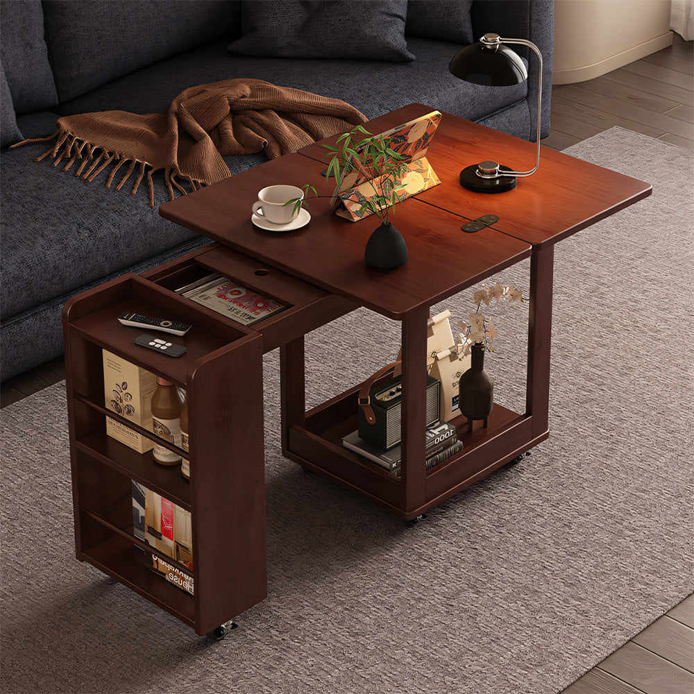 Modern Extendable Coffee Table with Storage Rolling Wooden Coffee Table with Swivel Casters and Shelves Multi-Functional Living Room Table