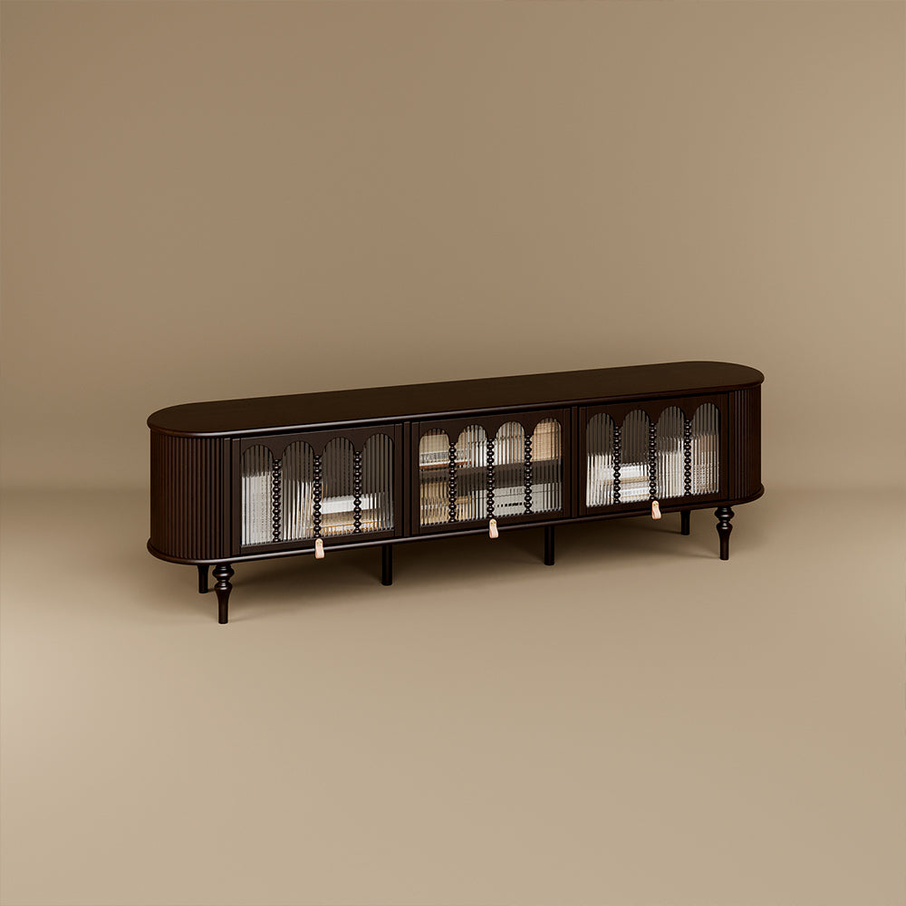 Modern Black TV Stand Console Table with Arched Glass Doors