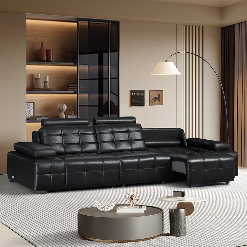 Luxury Sofa Black Genuine Leather Electric Power Recliner with Smart Voice Control for Ultimate Comfort
