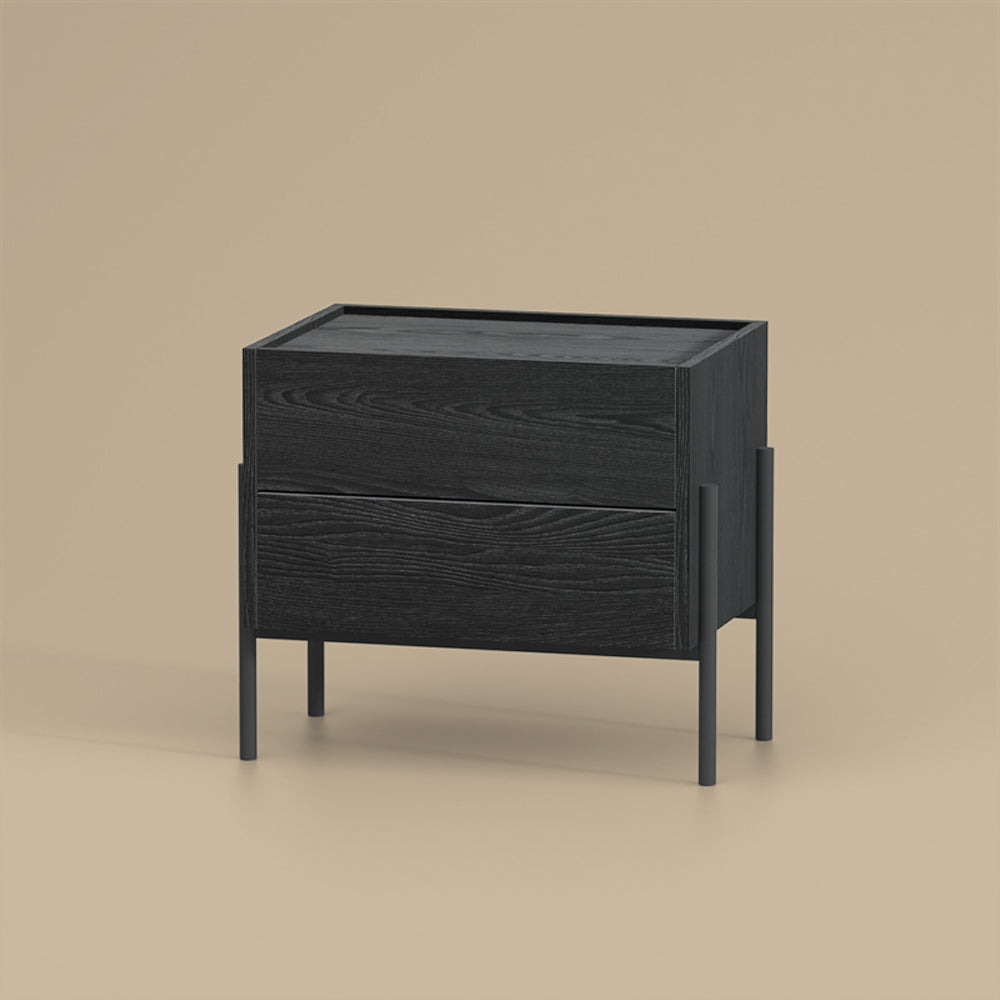 Modern Nightstand with Black Metal Legs Natural Wood Finish & Spacious Drawer
