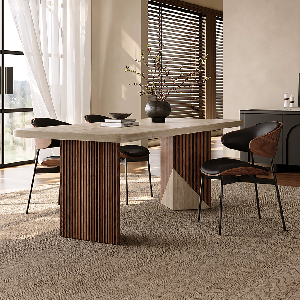 Rectangular Dining Table with Travertine-Look Sintered Stone Top and Fluted Oak Base