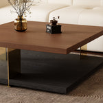 Load image into Gallery viewer, 35.1″ Square Coffee Table with Dual-Tone Wood and Stone Base Modern Minimalist Design with Gold Metal Accents
