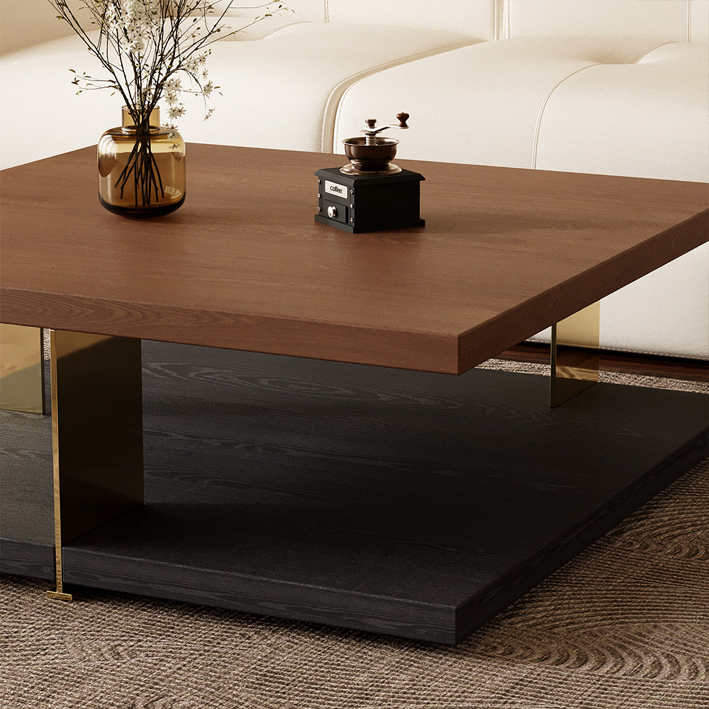 35.1″ Square Coffee Table with Dual-Tone Wood and Stone Base Modern Minimalist Design with Gold Metal Accents