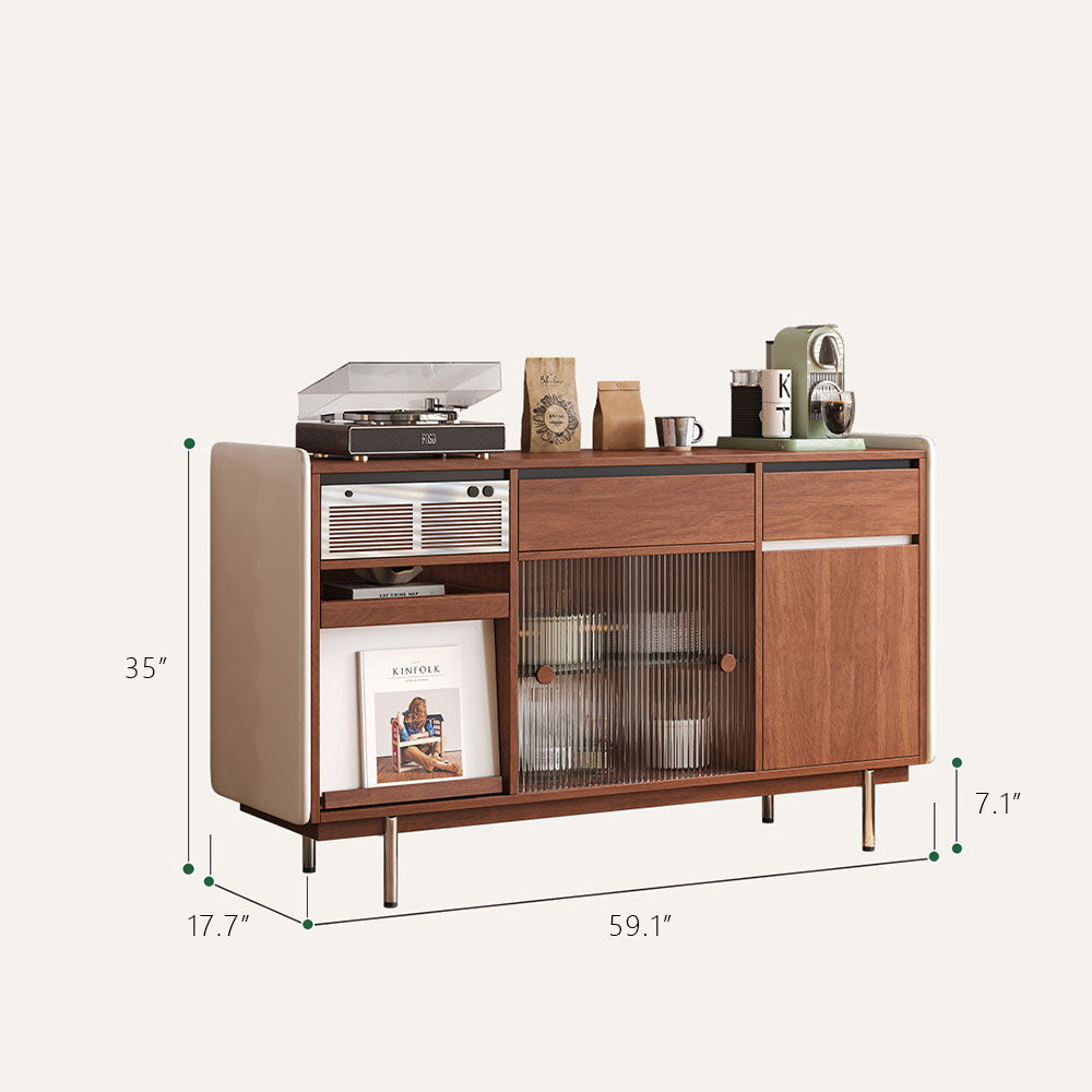 59.1"/70.9" Modern Walnut Sideboard Cabinet with Fluted Glass Sliding Doors & Open Storage