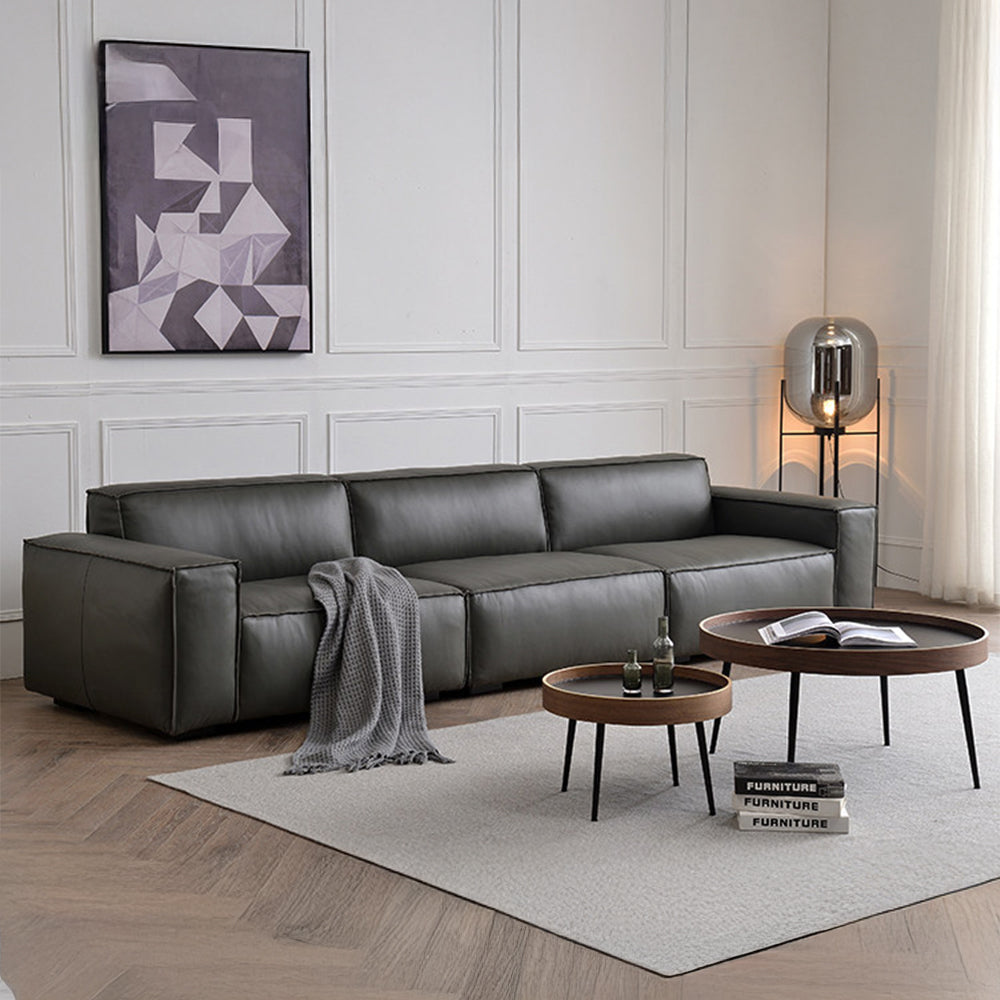 Modern Leather Sofa Boxy Low-Profile Design with Wide Arms