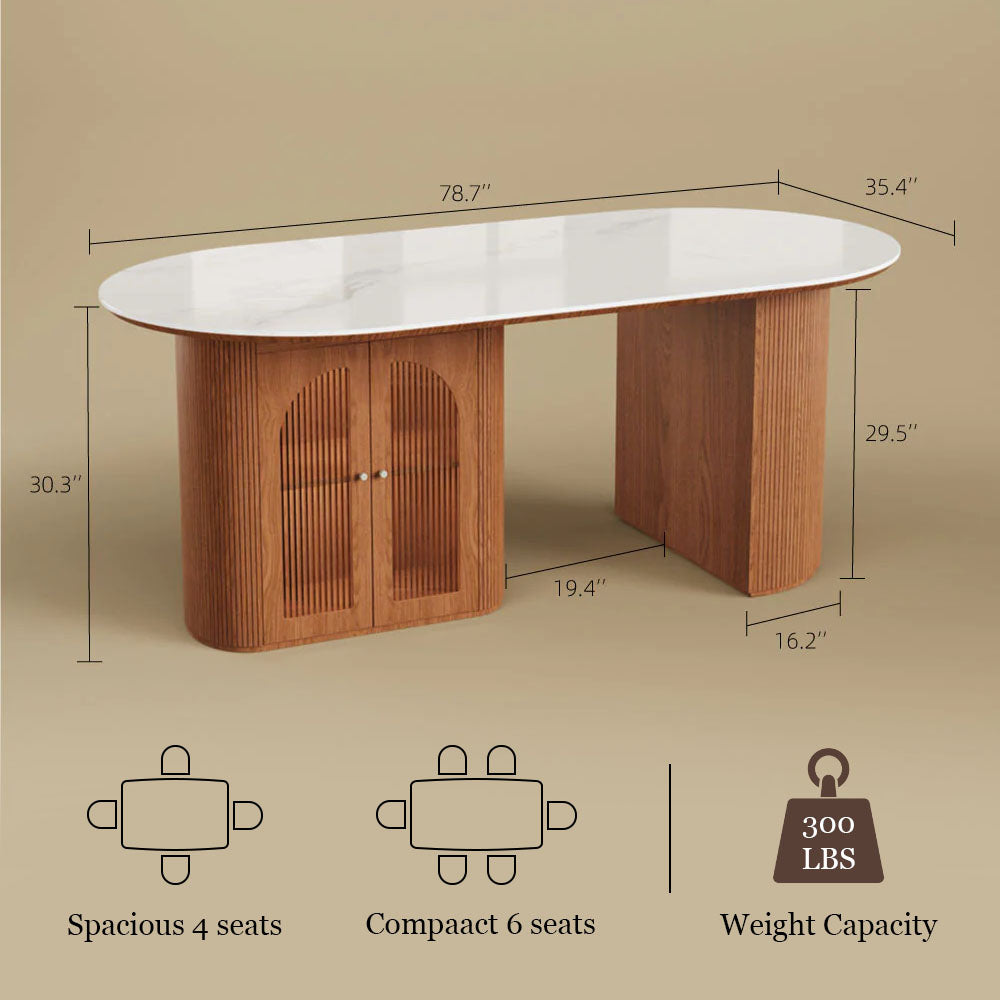 70"/78"Modern Dining Table with Stone Top & Storage Cabinet Scratch-Resistant Surface Double-Door Design and Solid Wood Legs