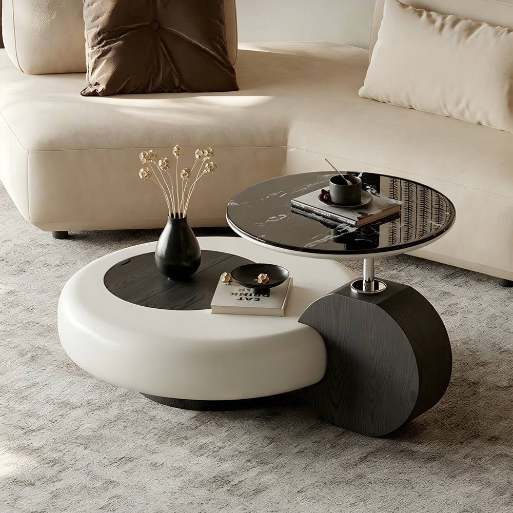Modern Sculptural Coffee Table with Elevated Marble Glass Top and Curved Base Design
