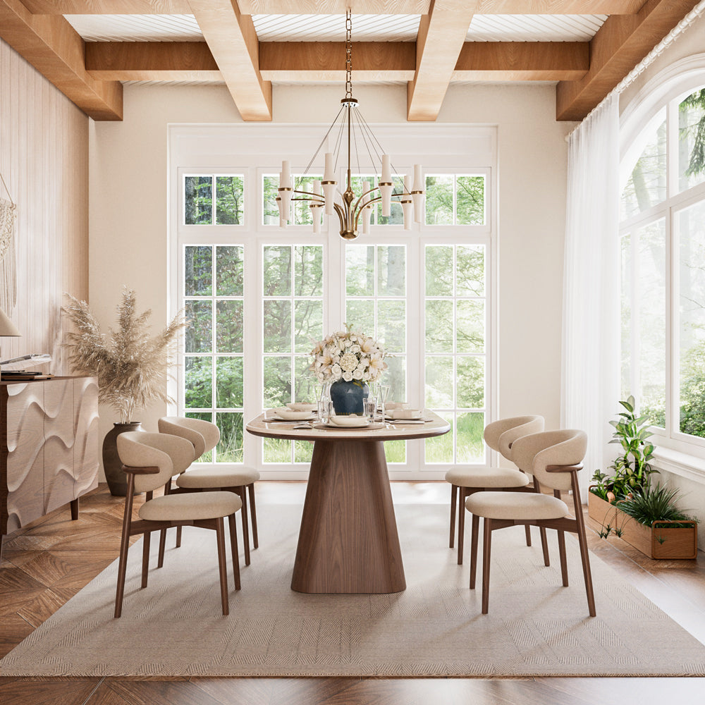 Walnut & Sintered-Stone Dining Set Oval Table + Matching Sideboard Cabinet